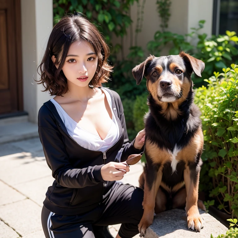 Woman with short wavy hair, with black American Bully dog with white markings on the chest, in the middle of the forehead and in the fingers on the paws