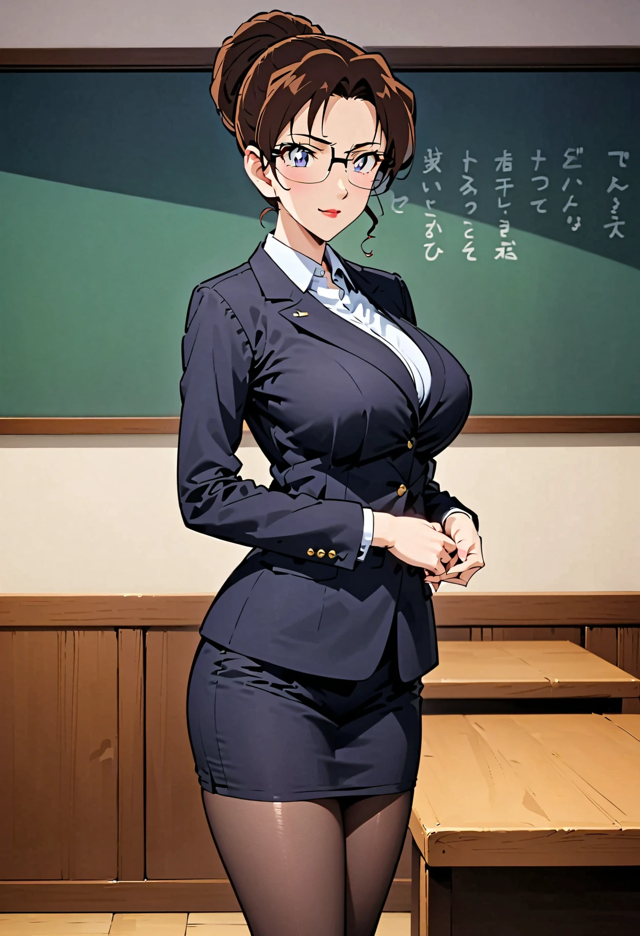 masterpiece, high quality, be familiar with, (Photoreal:1.0), cinematic lighting, Shadow, digital official art, ultra-definition body, ultra detail hair, super detailed face,AojikaMizuho, 1 girl, alone,full body,short hair, black hair, black eyes, red lips,perfect face, perfect eyes, ((thin waist)),((very muscular and thick thighs)),(Thigh gap),navy blue blazer, (white shirt), very short pencil skirt, beige pantyhose, black high heels, crooked, big breasts, thighs, indoors, classroom, blackboard, in front of the blackboard,((Are standing)),window, Day,