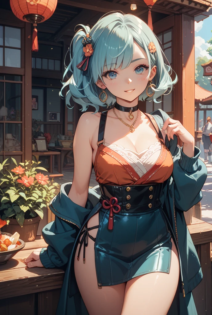 (masterpiece), best quality, (Highly Detailed CG Unity 8k wallpaper), Detailed background, city landscape, skyline, (Hands by Guido Daniele: 0.5), First person perspective, 1, Beautiful human girl who is attractive and perfect, teenager, (long turquoise hair), (slim waist), (hourglass figure), ((cropped goku gi)) , (blue waist sash), ((black thigh high socks)), (navel), (orange pleated skirt), (seductive standing legs crossed sexy), legs crossed, slender legs (UGG boots), (white thighs: 1.12), (Ahoge: 1.13), side angle full body view, (princess ponytail style medium long hair:1.12), (turquoise eyes: 1.13), Look at the viewer, big, ((cleavage)),SFW, beautiful face, (Blush: 0.90), (Smile: 1.11)expressive eyes, perfect face, medium breasts,