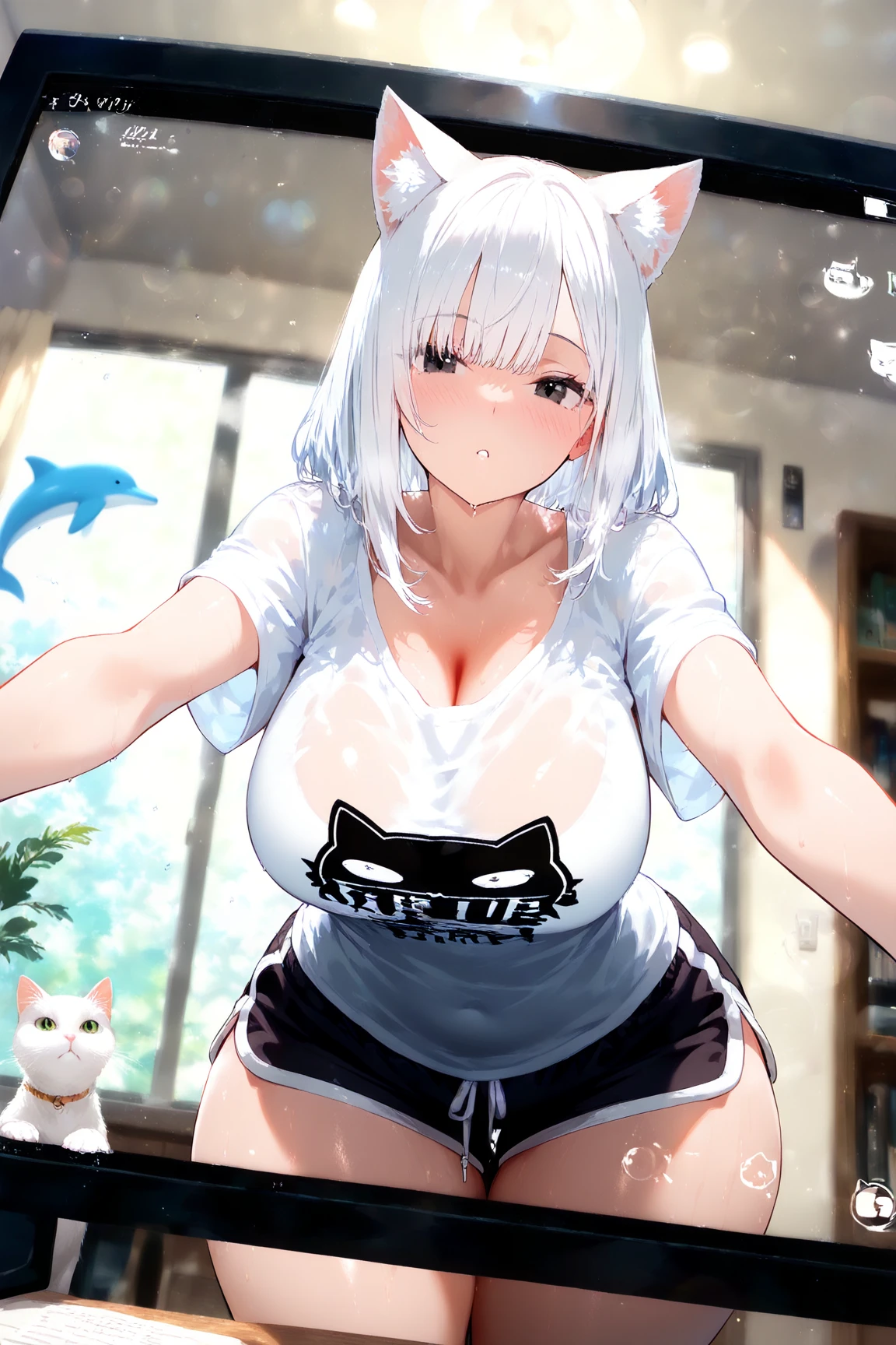 (Perfect b-o-Dy),Best Quality,(8K Portrait),(anime screen cap)、(NSFW)、(((embarrasseD fr oh m)))、asymmetric hair、cat brown skin))),blush,Sweat,((((large uDDer))))、(((bulging nipple)))、(white haireD),((For hair))、((blue eyeD)),(((thick thighless camisole))、(hotpants)、white knee oaks、G olD Dec o rati o on、((:D))、(Hands behind the head)、(Armpits)、(((SurpriseD)))、the beach、kneeking