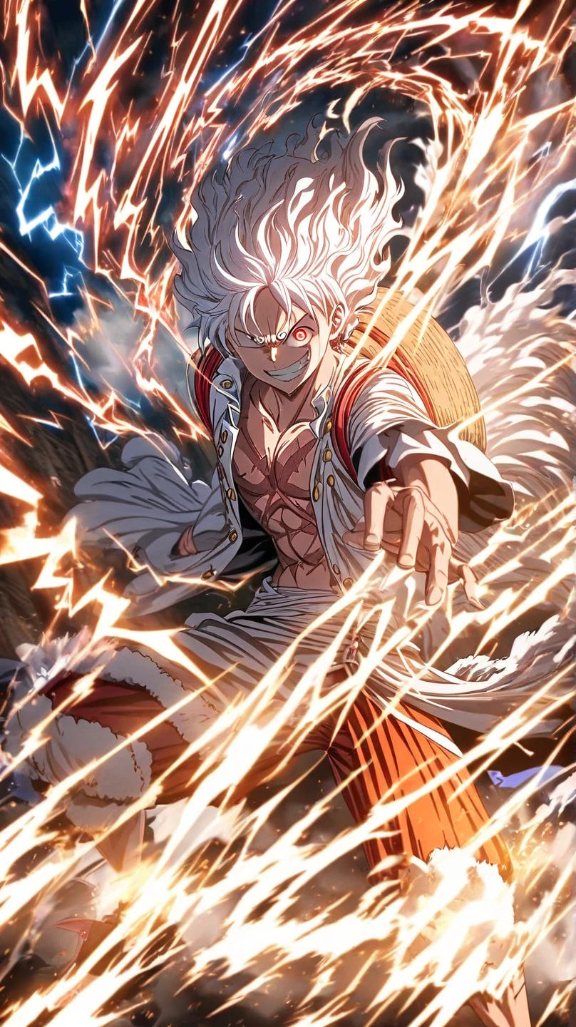 White round eyes , big and bright smile, white hair , white shirt with golden button, straw hat on neck, red pants with white belt , round head , beardless , 19 year old boy