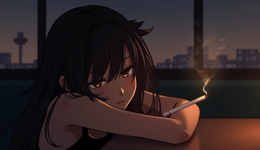Girl, depressed, cigarette in mouth, Black Hair, Blue eyes, Tank top, hot pants, anime