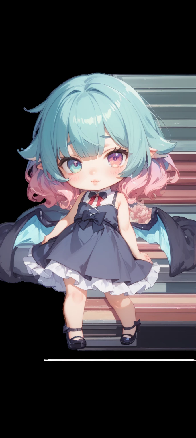 tegaki chibi Solo 1girl pastel colors gradient flat chest Gothic full body from below kneeling