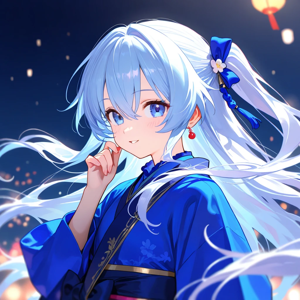 (lantern festival style) (preparing lantern festival), (pov, solo:2, 15 yo), (beautiful detailed forehead) (beautiful detailed blue hair long hair) (best cute girl) (immensely cute blue eyes with tear:1.2 drop) (very happy smile, open mouth), (in a immensely cute blue kimono with white Happiness), break, (in the Lantern floating venue for standing on bank), (background many lantern floating on stream), BREAK, perfect anatomy, masterpiece, best quality, 16k, beautiful detailed night festival, daydreaming expression.