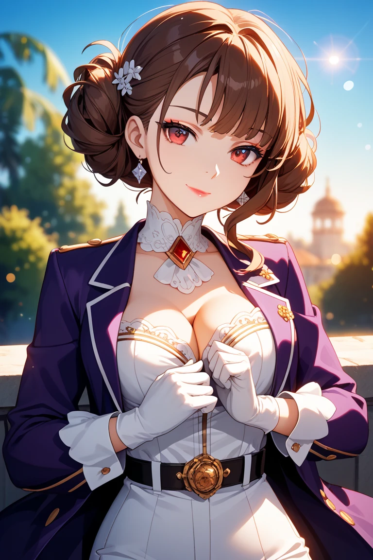 18 year old beautiful girl, Big blue eyes, Large breasts, Petite and slender, in 8K, of the highest quality, (Highly detailed head: 1.0), (Very detailed face: 1.0), (very detail hair: 1.0),tailcoat, Blue Rose, Detailed official artwork, anime moe art style, clean detailed anime art, confident grin, ((lightbrown hair,)),(short cut hair)