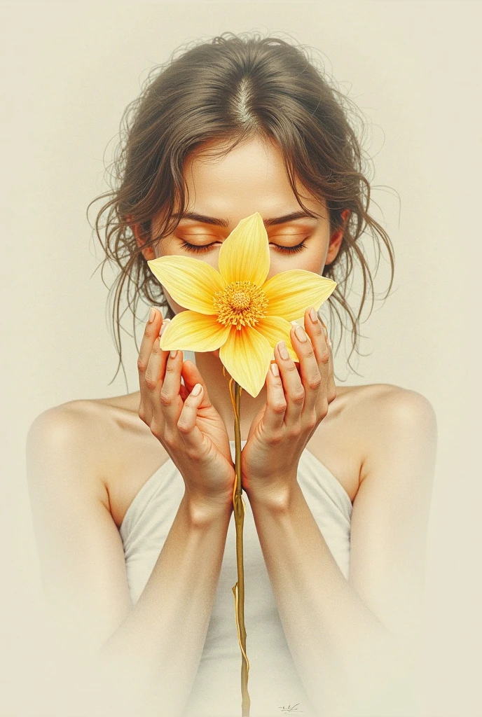 A black and white photo in raw format, zooming in on the intricate details of a woman's face, revealing her delicate skin and her expressive eyes. Frame the shot with a solitary striking colorful Saffron Crocus flower, delicately held in the woman's hand, adding a touch of softness and femininity to the composition, enhancing the dramatic contrast and textures of the monochrome image.