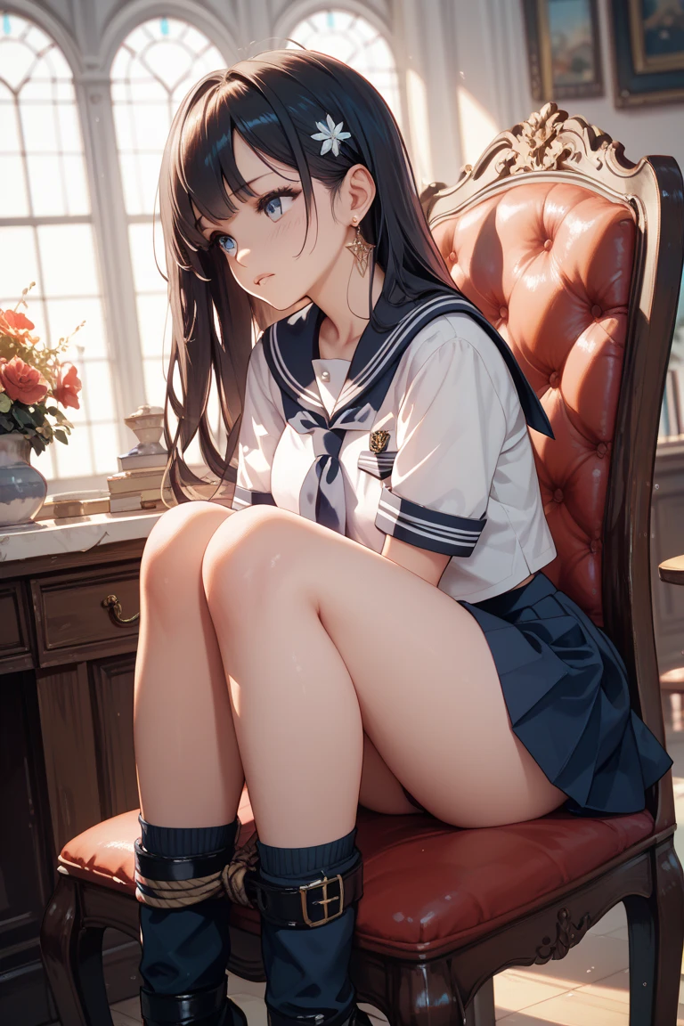 very cute and beautiful girl,(highly detailed beautiful face and eyes:1.2),sailor school uniform,navy blue pleated mini skirt, skirt lift,(white panties),dynamic angle,(smile),blush,looking at viewer,black hair, european antique living room,gorgeous furnitures, (best quality,masterpiece:1.2),absurdres,highres,ultra-detailed,extremely detailed,32k,8k resolution, intricate details,cinematic scene,detailed background,solo,dynamic angle, natural lighting,hair fluttering in the wind,