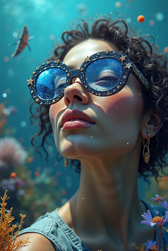 Mature Ebony Woman, 1girl, Curly Hair, Glasses, Small Breasts, Underwater, Sea, Digital Painting, Medium Scene, Soft Light, (Coral Swimming Tropical Fish), (Pale Skin: 1.2), Sharp Swimsuit, Analytic Art, Detail Painting, Bioluminescence, Rainbow Paint, Intricate Artwork by Tooth Wu, (Art of Android Jones), Octane, Blue Eyes, Bright Face