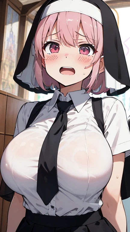 1 woman and 2 men,(Sucking a man's dick,nsfw),(((gang rape:1.1))),(huge breasts:1.0),(((kneel))),(Squint eyes:1.2),(embarrassing:1.3,blush:1.3),(orgasm:1.3),(intense ecstasy:1.2),(tears:1.1),(milf:1.1),(clear:1.3),(stupid:1.1),(vapor:1.1),(wet:1.0),(Sweat:1.2),(button-down,Long Sleeve),(((tight shirt))),((at the church:1.1)).(nun:1.3),((((boys,Grab woman's breasts))))