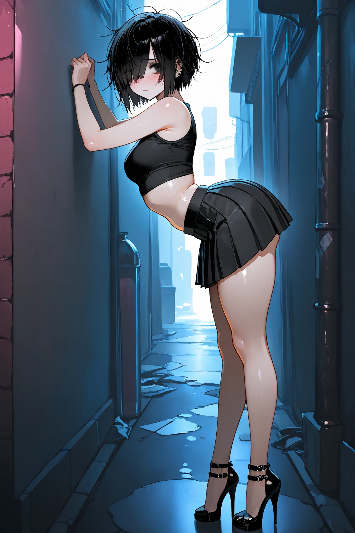 Masterpiece, extra high resolution, ultra -detailed, Beautiful European girl, black hair, short bob cut, Amazing blue eyes, White Skin Skin, red-lips, blushful, gentle look, sorceress, Amazing face, The Amazing Mavis Dracula, realisti, Black Dress, striped socks , Beautiful, the perfect body, Striped Thighhighs, Bulma, (On his feet:1.2)