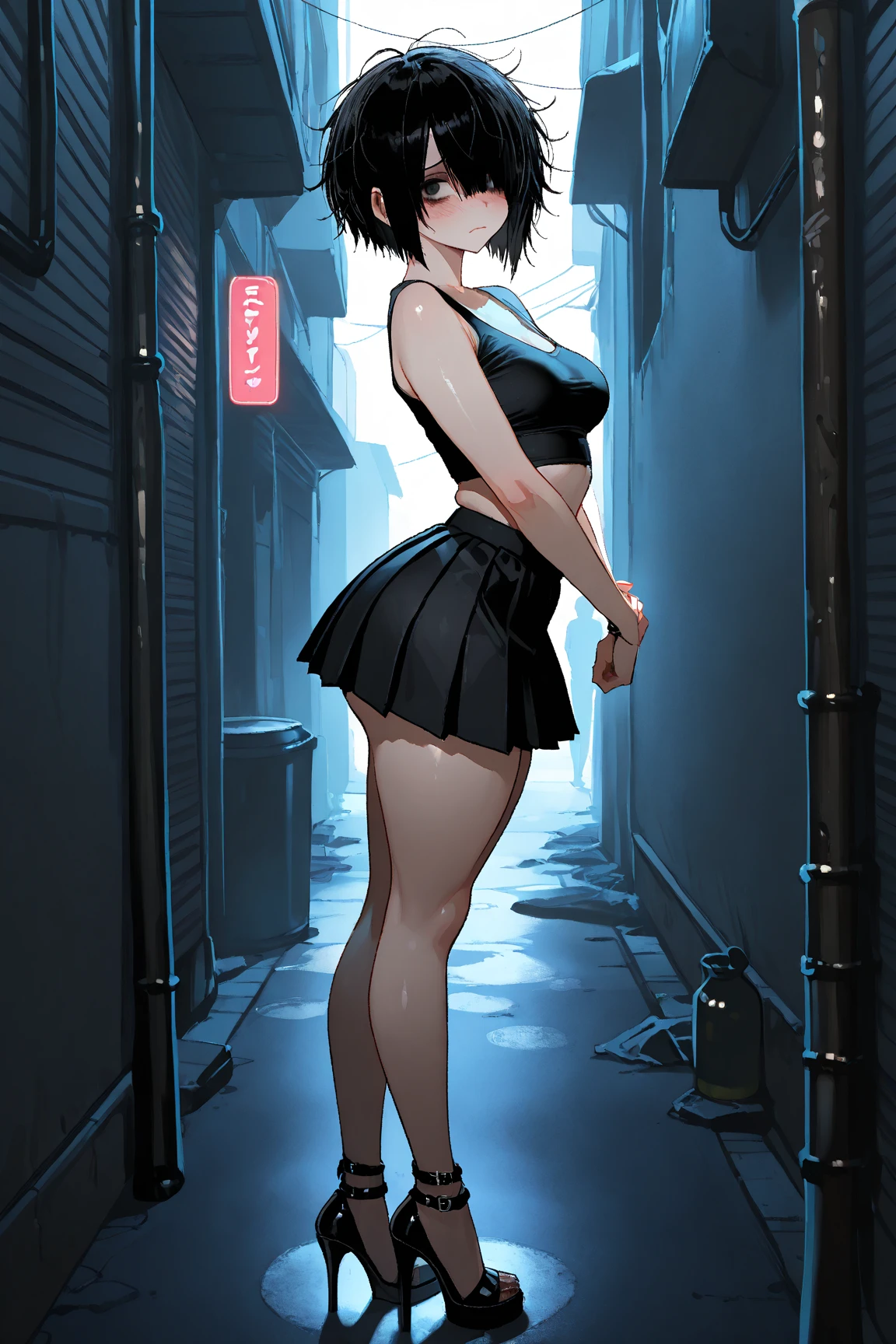 Masterpiece, best quality, ultra detailed:2, Linda Belcher from Bob's Burgers, red and black accent brassiere, lifted leather micro skirt, urban alley, steam coming from manhole covers, graffiti covered walls, absurd detail:2, moonlit lighting, shooting stars in sky,