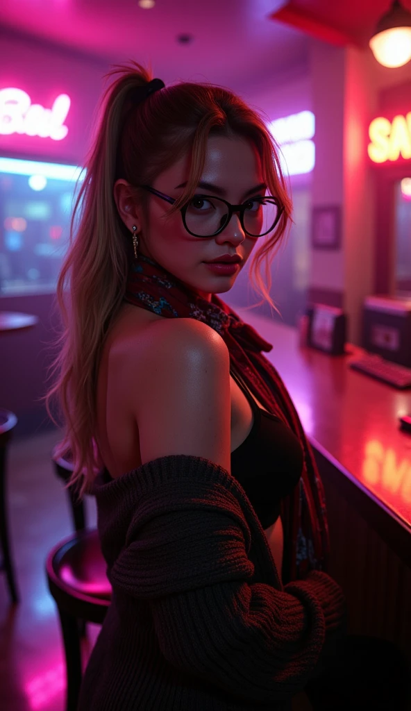 real lighting, best quality, photo realistic, (8k, Best Quality, Masterpiece:1.2), Ultra Detail, Fisheye Slider, Fisheye effect, Sophia Diamond, standing, on a magazine cover, cover shot, matrix black coat, lingerie, v string, stockings, full body, nightclub, people, neon light,curly blonde hay coloured hair, red lipstick, glasses,