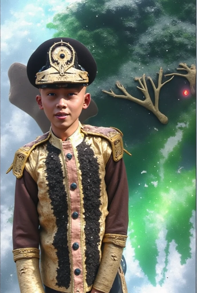 boy with demon mask with golden touches taking photos