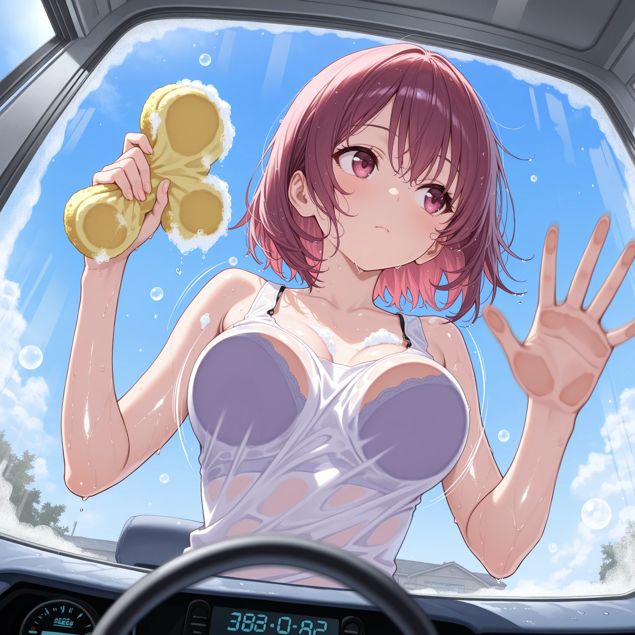 Asahina Nono, brown hair, short hair, purple eyes,  1girl, solo, large breasts., crying , nipple,　Expressway, , Standing pee, nude, Peeing, lactation, projectile lactation,   (Sweating profusely, Love juice, Wet Woman, female ejaculation)