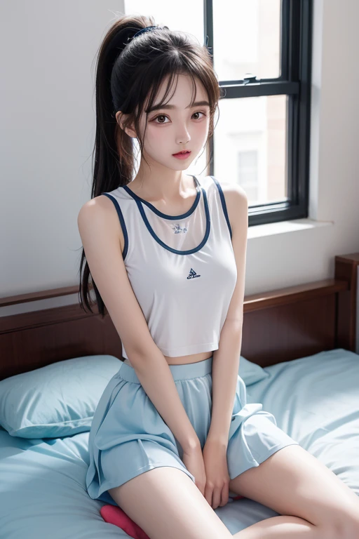 slim figure, femele, Blue Sleeveless T-Shirt, White chiffon long skirt, A smile, bedroom, bangss, (((a junior high school student))), stright long hair,realskin, (((sixteen years old)))