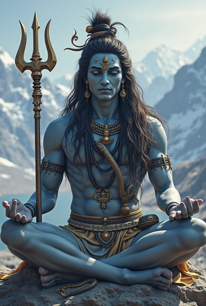 Lord Shiva、He is meditating、slender、Bright blue skin、dreds、Wear rosaries on your arms and neck、Wrapping a snake around the neck、Countless Buddhas spreading in the back