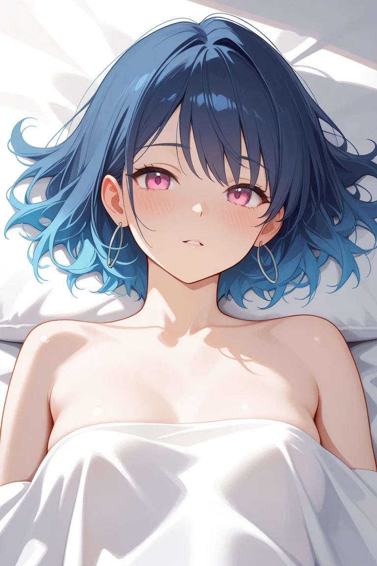 masterpiece, best quality, 1 girl, alone, detailed eyes, extremely blushing, very red, flirtatious smile, no underwear, completely naked, lying on the bed, hotel room background