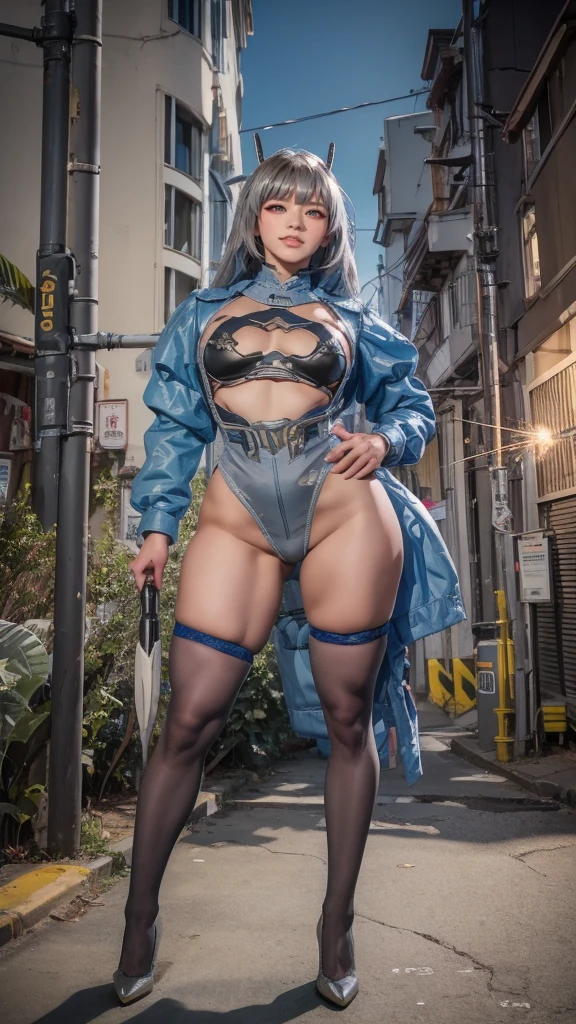 Female ninja in light blue latex kimono and latex gloves　Loincloth　Female ninja　Latex boots　rubber　pvc