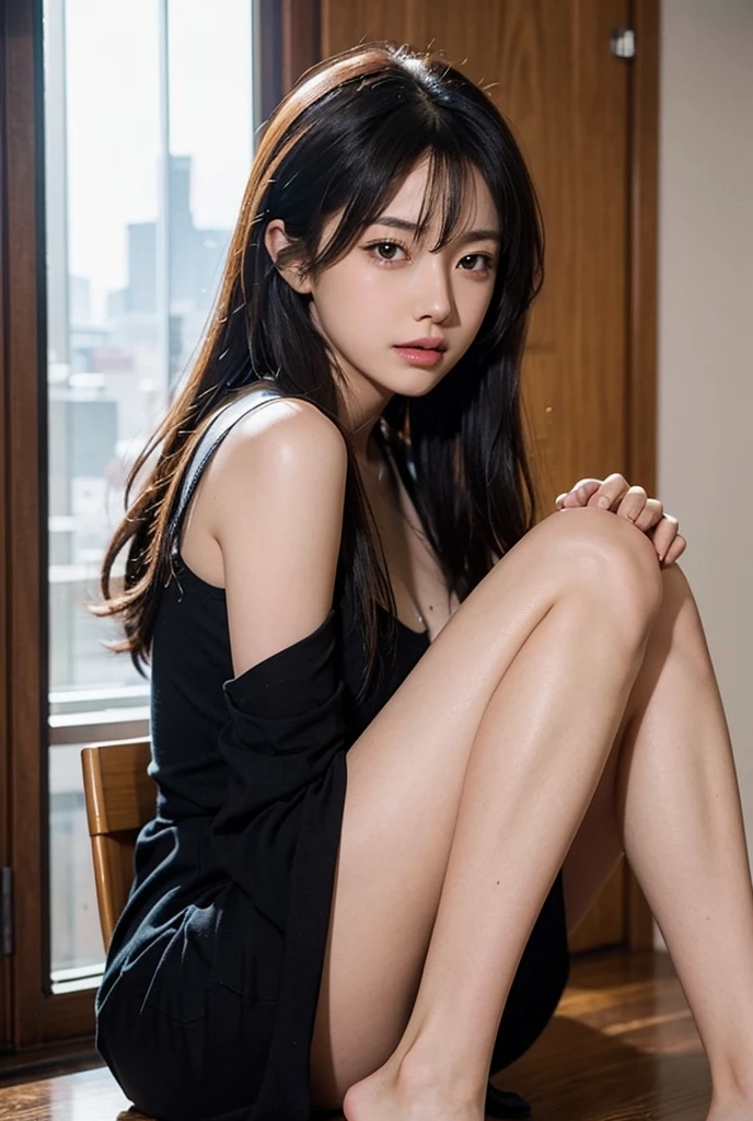 Actual photo、Highest im年 quality、Beautiful woman、Beautiful thighs、Beautiful Face、Uniform Ponytail、Yuriko Yoshitaka、Japanese women、pretty girl、skirt、Beautiful thighs、pumps、Sit on a chair、(front:1.6)、（Open your knees:1.4)、Panty shot、