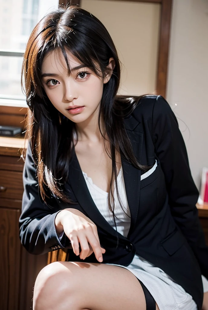 1 girl、17 year old female、cute、Gray-haired、clothing(Completely naked、No underwear on、Cropped blazer、Checked mini skirt) And a very slim figure,,,,,、Very thin leganicules、Earrings、Pink Lip、choker、Real、Sexual、Highest quality、Detailed face、Detailed Background、Depth of written boundary、whole body viewing angle、Get on your knees and sit on the couch、Sexual、alone、night,Highest quality、High resolution、超High resolution(Real:1.4)Detailed eyes、Gradation、Perfect anatomical figure、Woman with perfect body、Highly detailed skin、非常にDetailed face、Beautiful eyes in every detail、Background Blur