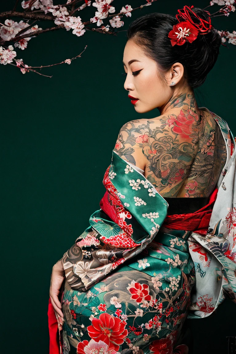 Asian WOMAN with a fully tattooed body with very colorful patterns((she is dressed in a traditional kimono ))((elle a une longue natte tressé))((entire body tattooed with intense color patterns))bare shoulders