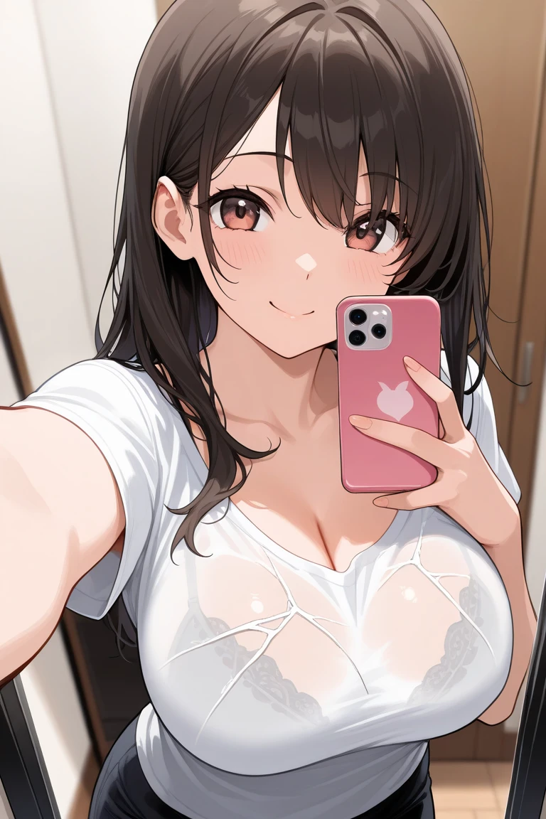 (master piece, best quality:1.2), detailed skin, 1girl, fitting room, warm lighting, soft lighting, nice hands, perfect hands, (phone, selfie:1.1), (breast grab:1.0), huge breasts, bra, panties, nipple slip, dark hair, brown eyes, glasses, embarrassed, shy, <lora:GoodHands-beta2:1.0>