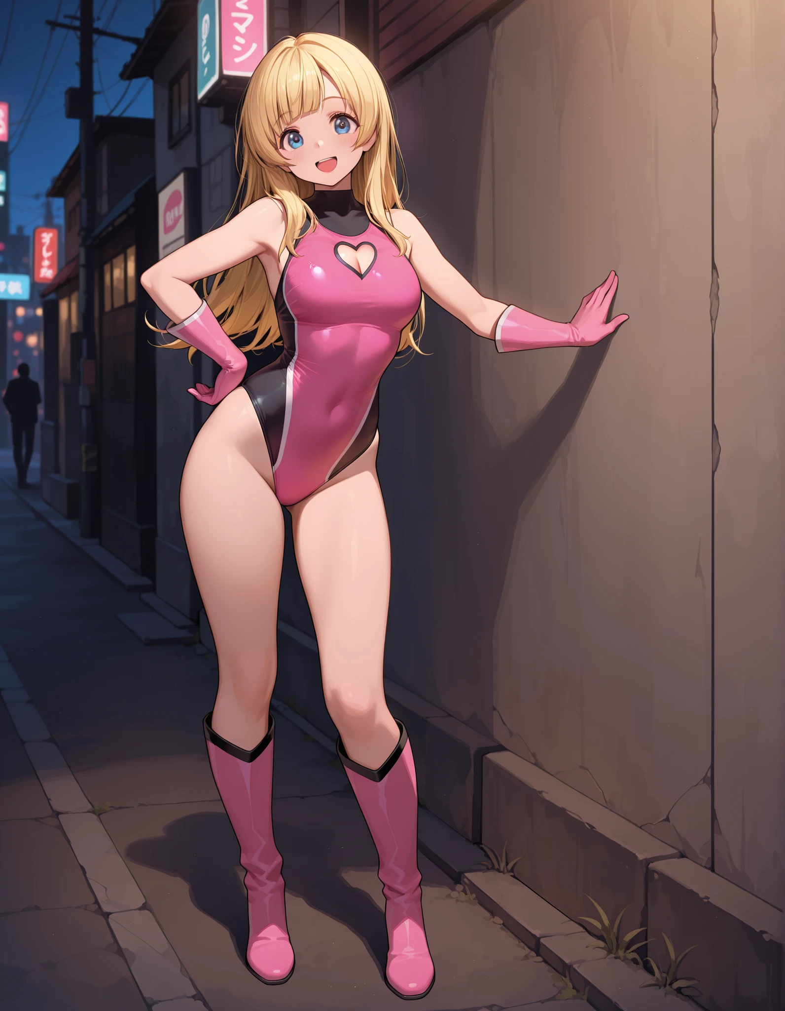 anime girl in pink leotard with pink shoes, full body zenkai! asuka suit, zero suit, zerochan art, blonde anime girl with long hair, style artgerm, android heroine, ((bare legs)), ((1 cleavage cutout, heart cutout)), ((medium to dark pink leotard)), ((knee boots, sleeveless, gloves)), girl infused with energy, standing, heroic, 1girl, standing, hand on hip, smile, 1girl, solo, ((blue eyes, beautiful detailed eyes)), depth of field