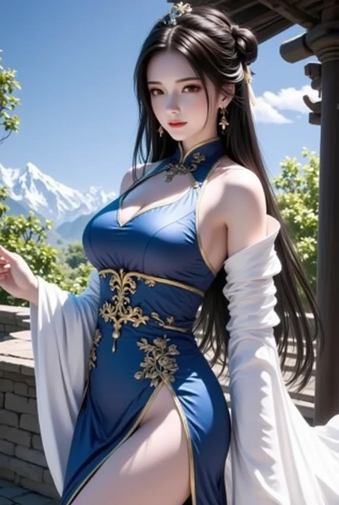 On the mountain coast,A beautiful dragon girl,long hair shawl,Big breasts,Wearing Immortal Clothes,Sword,Perform sword dance alone