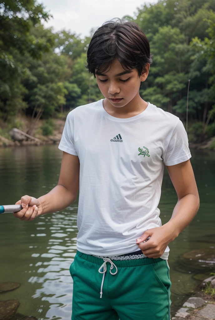 a young boy, white skin, freckles, height 5'5, honey-colored hair a little long, lush, green eyes, good physical body, has beautiful, cute and detailed features, looks like he is 15 years old. He has comfortable tumbler-style clothing, cartoon style.