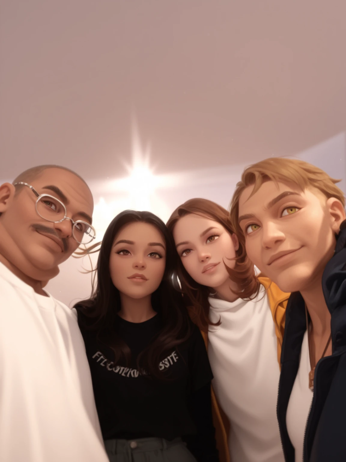 There are three people posing for a photo together in a room, (two men and a woman), around 1 9 years old, anime version, highly intricate detailed, light and shadow effects, intricate, highly detailed, digital painting, station art, concept art, smooth, sharp focus, illustration, advanced digital anime art, atmospheric lighting, detailed face, 8k, hq,  ArtStation