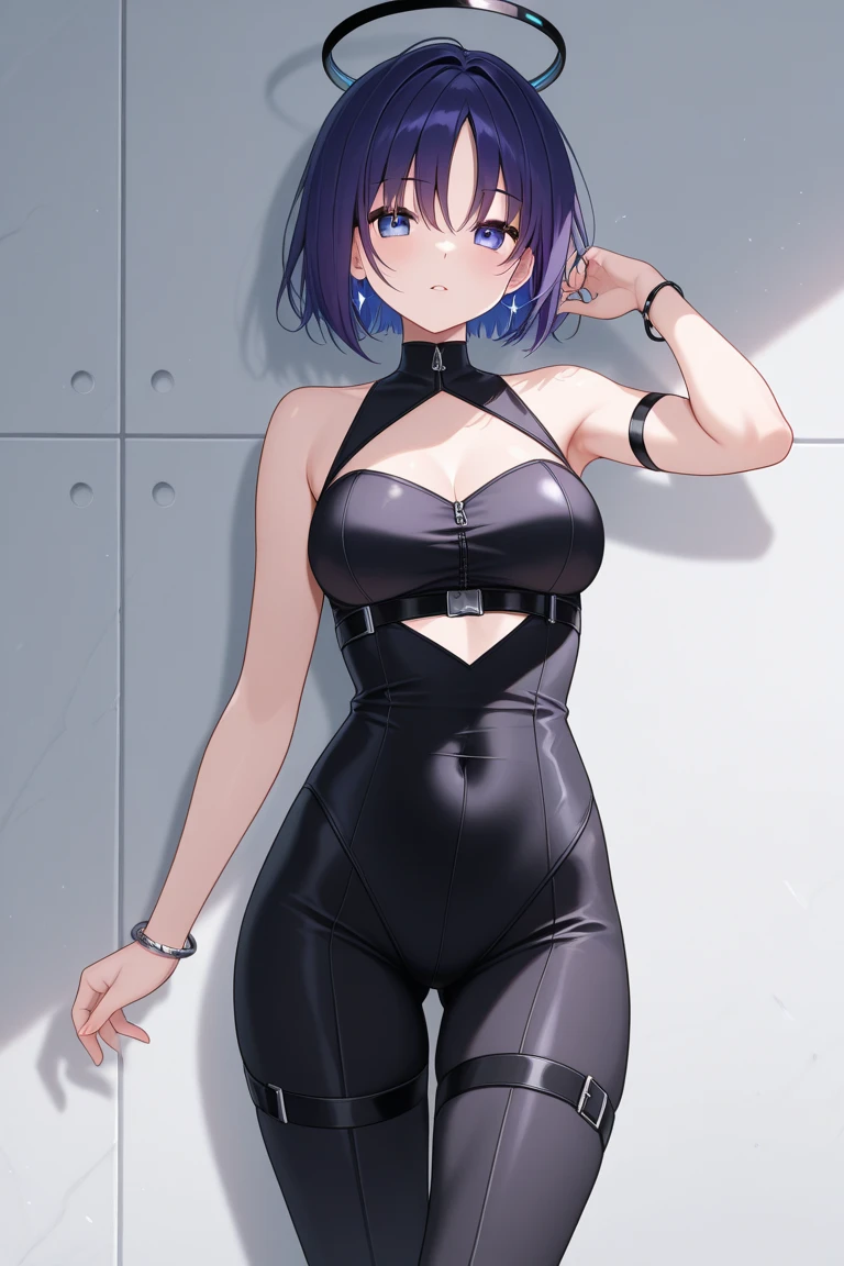 masterpiece)),((Highest quality)),High resolution,Perfect lighting,、One Woman, Adult women、alone、short hair、Looking into the camera、Very large breasts、Purple Hair、Show your armpits、Raise your arms、Tank top、Black sportswear、Show your belly