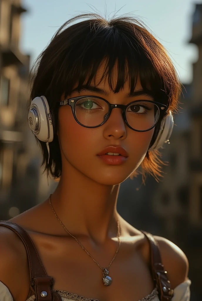 ((Highest Quality、masterpiece、high sensitivity、high definition、detailed depiction、depicting a delicate face、Ｆvalue：6.0),((Slender Woman、wearing glasses)),headphones、earrings、necklace、jacket、buildings {x} steampunk worldview、