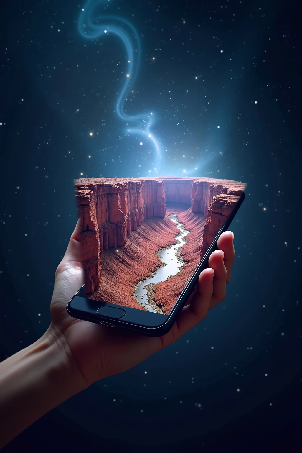 A hologram Grand Canyon pops out of a smartphone with space in the background