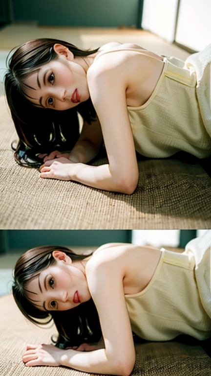 ((((masterpiece, best quality, high resolution)))), Extremely detailed 8K, Beautiful girl with voluptuous body, (Ultra HD, Ultra-detailed, Highly detailed, Highly realistic, Ultra-realistic, photograph realistic), (1girl:1.5), (Realistic white hair), short wavy hair, bob cut, (dynamic poses), facing at camera, light smile, purple eyes, average breasts, (beautiful detailed face, beautiful detailed eyes), (white tank top, thin material), cleavage, dark jean shorts, glow, sweat, (sunbeam, sunlight)