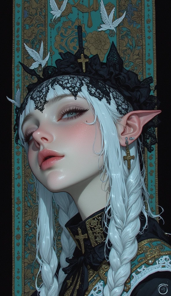 cute, elf, dark skin, white hair, white and black clothes, braid ponytail, thistle from dungeon meshi, jester clothes, clown
