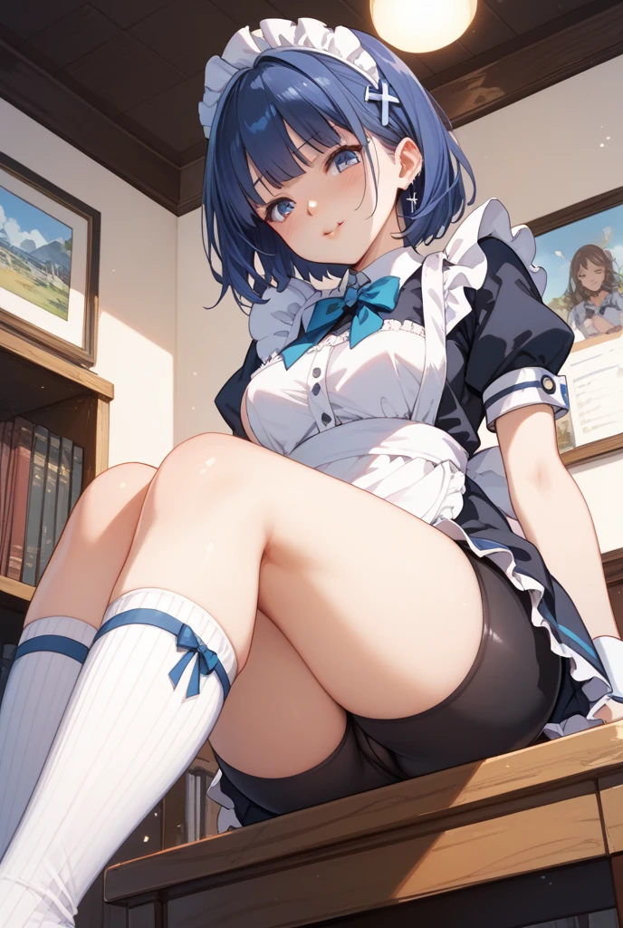 1 Girl, Solitary, , underwear, breast, skirt, hexist, Halo, Large target_breast, blue_hair, Umbilical cord, hair_Exceed_one_Eye, long_hair, White_skirt, White_, White_background, hair_Decorations, hairclip, clothing_lift, bow_, lifted_go through_Own, _background, skirt_lift, sock, from_below, Watching_exist_Viewer, long_sleeve, bow, diaphragm, blush, side_Ponytail, Berets, thigh, Bangs, shirt, Black_Headdress, blue_Eyes,