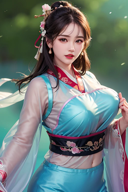 best quality, masterpiece, high resolution, 1 Girl, Hanfu, Tang dynasty costumes, small, flat chest, clavicle, Off-shoulder exquisite face, Practical, Real People, (High Detail Skin: 1.4), SLR, Soft Light, high quality, photo, high resolution, blur background, Retro Street