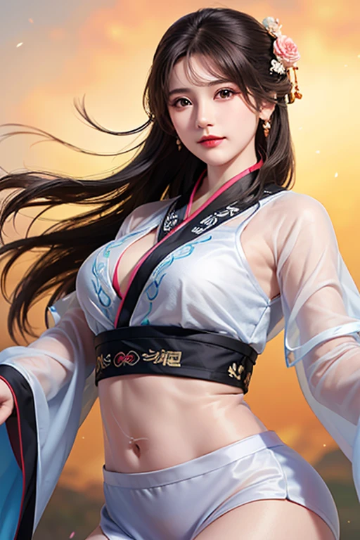 Best quality, action pose, masterpiece, Beautiful sexy cool tall, slim, fit woman, wearing fancy red sequin party dress, athletic body, busty, intricate and highly detailed, cleavage, long hair, busty beautiful woman, body chain, jewelry, closed smile, Sakura background, exposed midriff