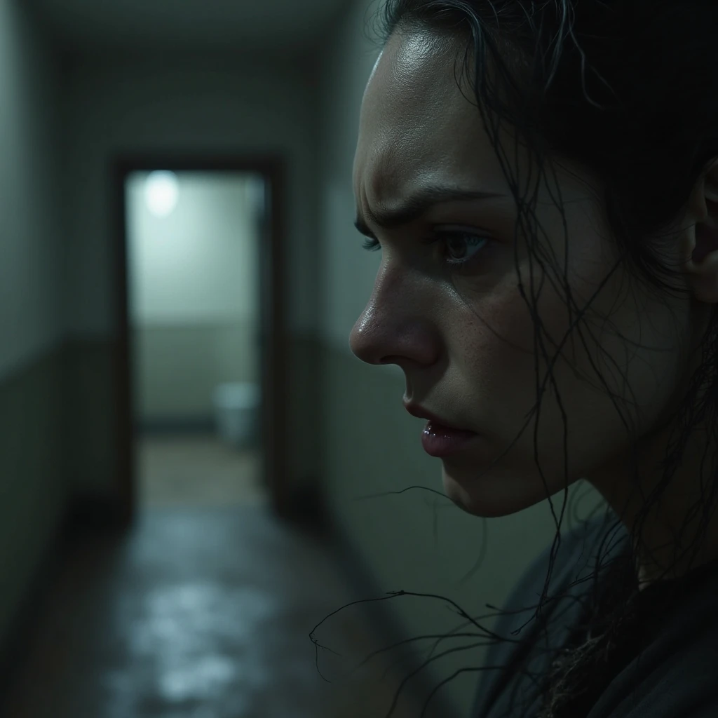 Create a drawing that generates fear and suspense in the viewer about a young woman walking in a dark alley, scared and someone small in appearance watches her in a dark place of that alley.