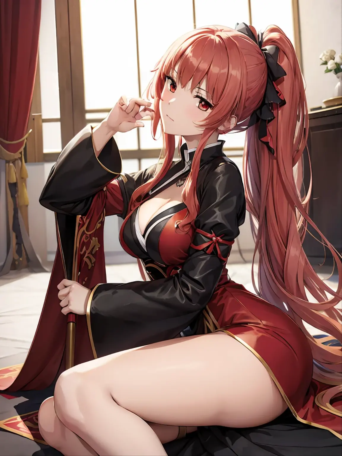 anime girl en robe rouge tenant une épée et portant des talons hauts, Ayaka genshin impact, Ayaka jeu genshin impact, du jeu vidéo Azur Lane, cushart krenz art key female, female protagonist 👀 :8, uniforme rouge, style voie d'azur, tenue cramoisie, style anime comme le destin/passer la nuit, robe ornée de rouge et d'or