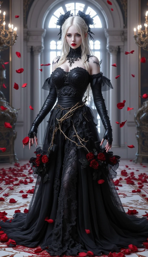 Dark fantasy art, fantasy art, goth art,  a picture of a female vampire, exquisite beauty, full body shot, dark glamour shot,  pale white skin, dark blond hair, long hair, wavy hair, (icy grey: 1.3) eyes,  she  wears a (red: 1.3) dress, ArmoredDress, entwined with (black: 1.3)  roses betmd, high heells, dark castle porchm, RagingNebula