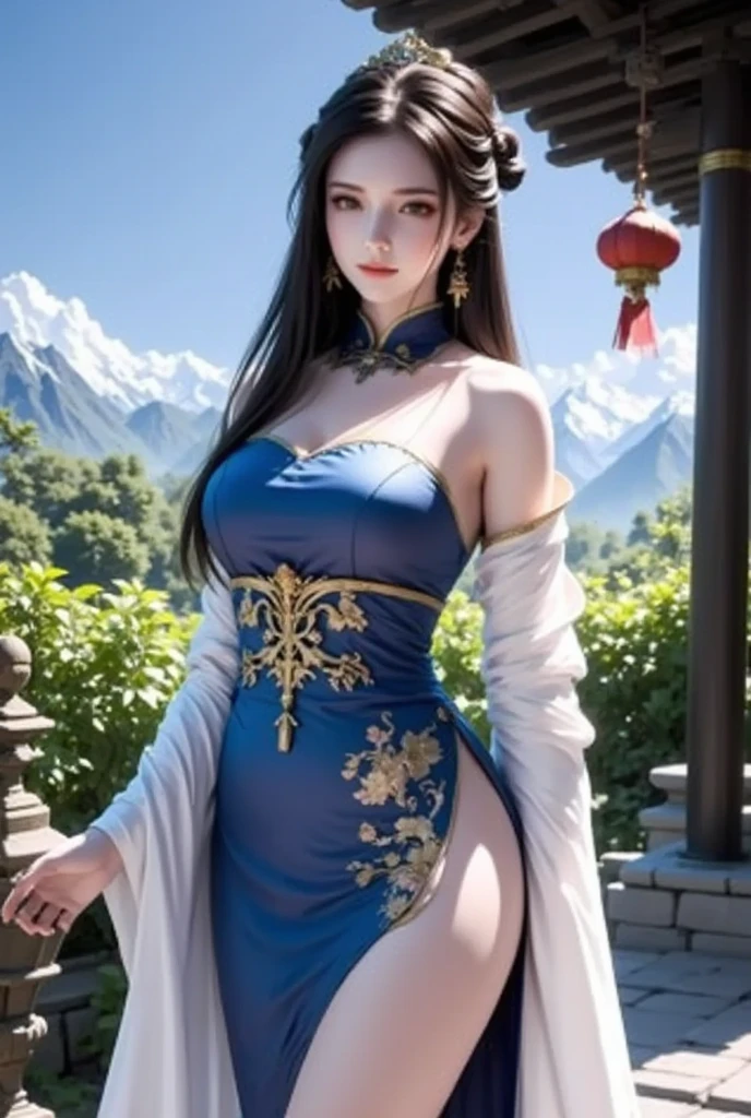 Sitting by a lake full of lotus flowers, her feet playing in the water, the art depicts a charming woman with a melon face, dressed in a flowing, silky traditional oriental dress, long, aqua blue, decorated with intricate patterns and bright colors. Her dress drapes elegantly over her curvy figure, accentuating her seductive silhouette. She sits gracefully by the tranquil lotus lake, her feet playing in the water, bathed in the soft glow of the moonlight. The scene exudes an ethereal and dreamy atmosphere, with a touch of mystery and sexiness. The graphic style blends watercolor and digital illustration techniques to evoke a refined beauty and charm. The lights are filled with soft moonlight, casting soft highlights and shadows on her charming features. Bare thighs, big breasts, three-dimensional facial features, sitting, upturned legs, side braids, rabbit ears, black hair