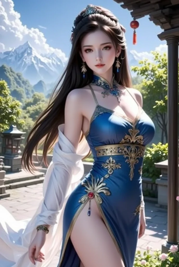 realistic, 1 women, best quality, 12k, Per HD, 1080p, wear Allstars shoes, long hair, big round breasts, cleavage, ponytail, necklace, jewelry, shorts, short jacket, slim hips, hair tie, yellow eyes, black hair, super detailed, Eye details, hair details, person details, mouth details, face details, breast details, clothes details, hair details, pants details, hand details, whole body