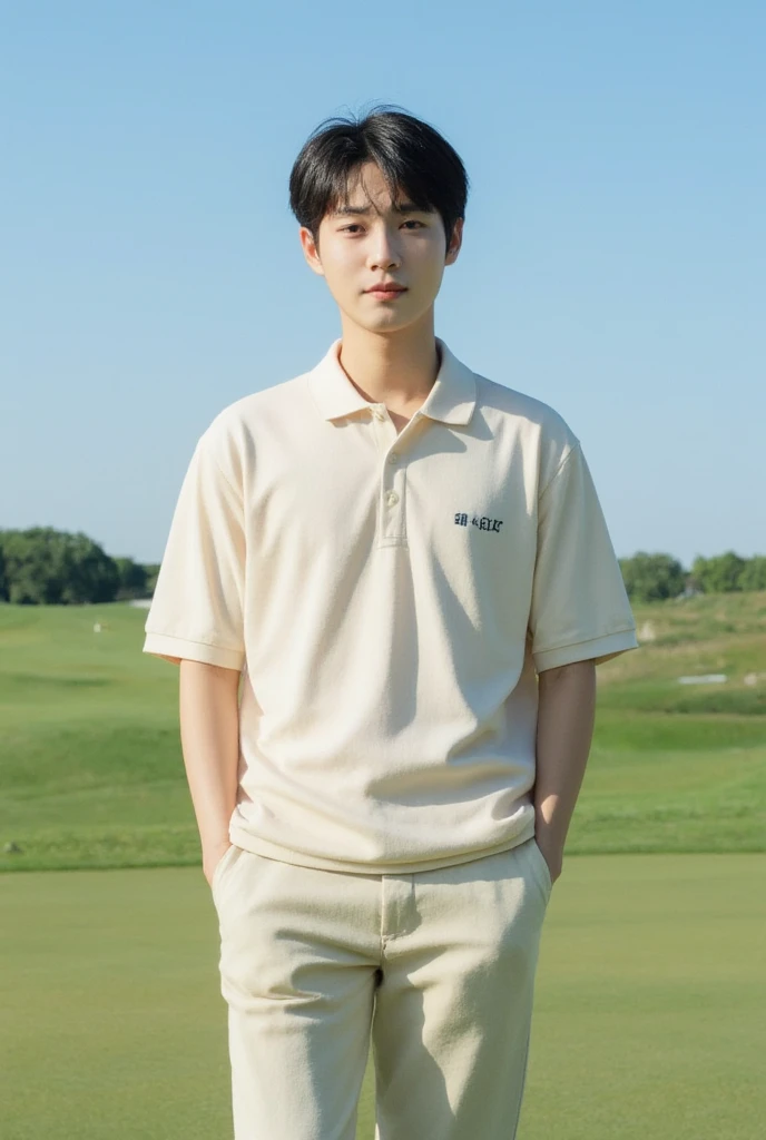 Young man in a white polo shirt Standing on the edge of the meadow with an expression on his face, looking into the distance Turn your head slightly.,Cloudy day, coffee shop