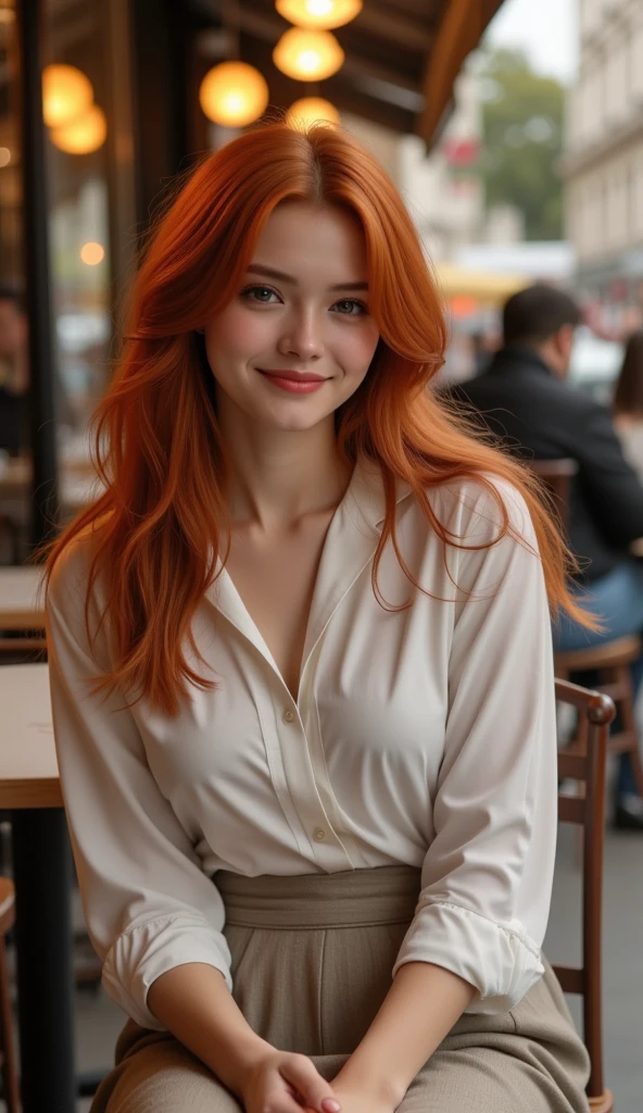 beautfull woman, Youngh, 20 years old, with red hair, brown-eyed, realisitic, in a coffee shop, sitting at a table