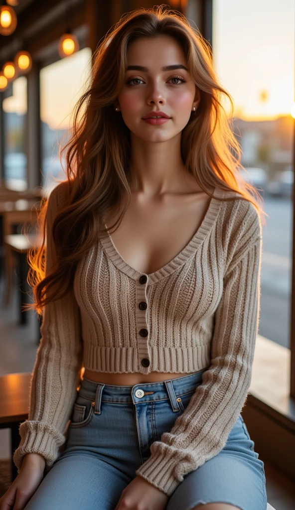 A girl, Tajik, 19, tall and slim, at full hight, in face image, with beautiful breast, wearing a topic and jeans