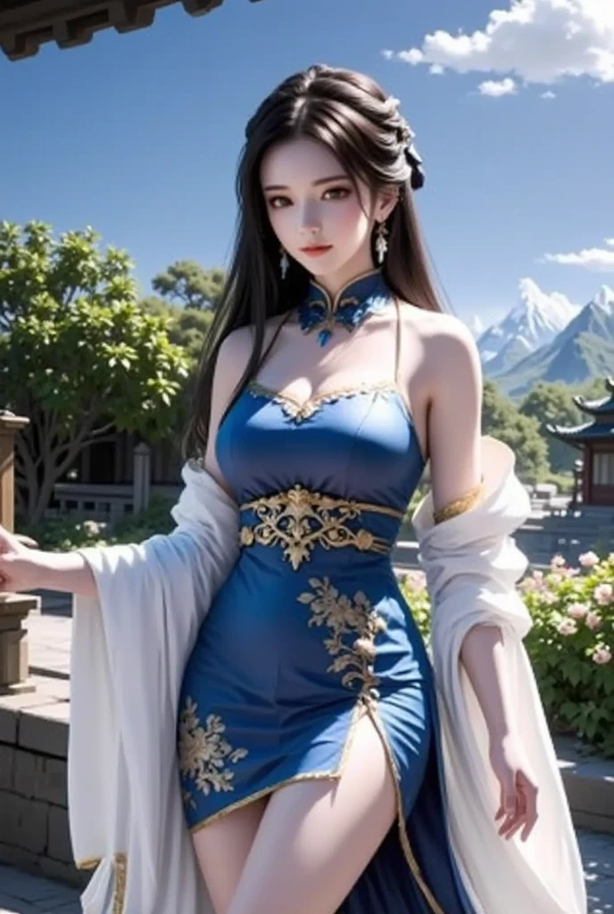 (Fight fiercely with dragons)、top-quality、​masterpiece、超A high resolution、（White Dragon Armor）、(((Colossal tits))),(((Variety of hairstyles))、(((Take different poses))),(Wearing a beautiful crown made of jewels),(Photorealsitic:1.4)、Raw photo、1人、Golden hair、glowy skin、(((Japan Dragon)))、(((maikurobikini))),（Gorgeous Jewelry Necklaces）、（Mystical expression）、（Full Body Angle）、（Fight big dragons）、A dark-haired、poneyTail、With a beautiful knife、（Detailed Blue Metal Bikini）、(Detailed and beautiful flower garden)、Precipitous cliffs、(Castle background)、((super realistic details))、portlate、globalillumination、（sexypose）、Shadow、octan render、（Random hair）、8K、ultrasharp、Colossal 、Raw skin is exposed in cleavage、metals、Details of complex ornaments、Japan details、highly intricate detail、Realistic light、CGSoation Trends、Blue eyes、radiant eyes、Facing the camera、Precipitous cliffs、Toostock、（Full Body Angle）、（veils）、(((Heavy Big))),