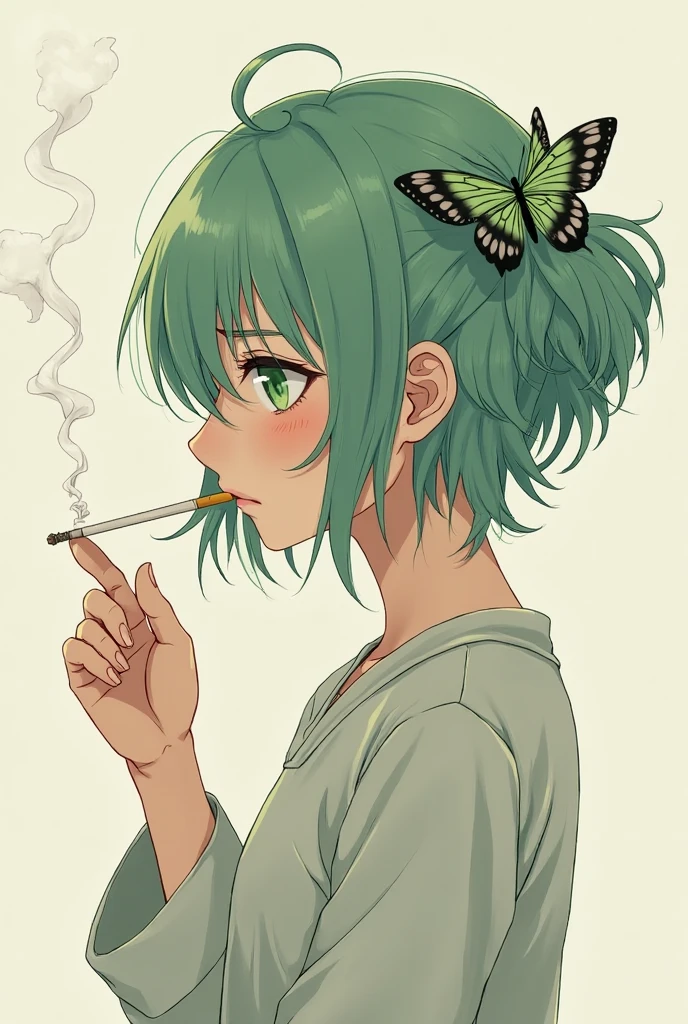 avatar style, anime vintage, streetwear, young adult, first olive, smoking a cigarette, fluffy edgar hair