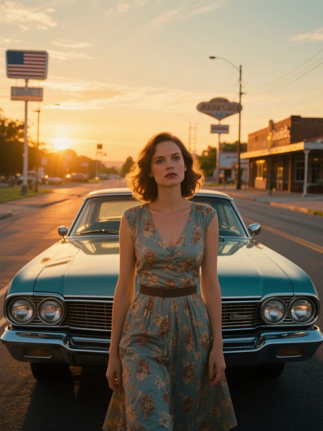 (Masterpiece.UHD.photorealistic analog photography. 1950 style) In a dystopian retro futuristic world. an ultra hot gorgeous European woman.age 23.1950 random hairstyle random hair color, voluptuous curvy figure, perfect round cleavage. Smiling Full lips. Round Baby face. Huge natural breasts (100 DD size). Wearing 40/50´s clothes. She’s a mom with her daughter (she looks worried). Driving a shiny flying over the ground futuristic vehicle.1930 clunky war evil robots. early morning light.