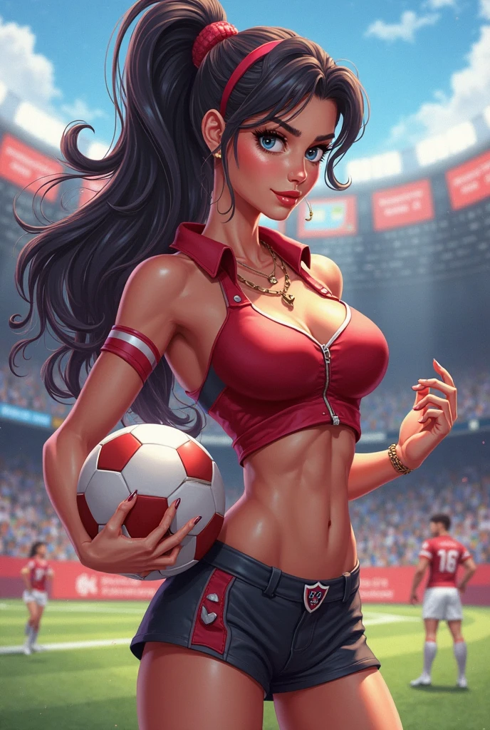 (muscular:2.2), (thick thighs:2),
(latina female, tan skin, brown skin, black hair:1.5), (big smile:1.5), (adult),
red lipstick, eyeshadow, red lips,
(hard nipples), (small breasts:2),
(soccer jersey, soccer shorts, choker, midriff, deep cleavage:1.6), (cleavage:2),
looking at viewer, (three quarter view:1.3), upper body view,
rim lighting, two tone lighting, dim lighting, bokeh, detailed skin, detailed eyes